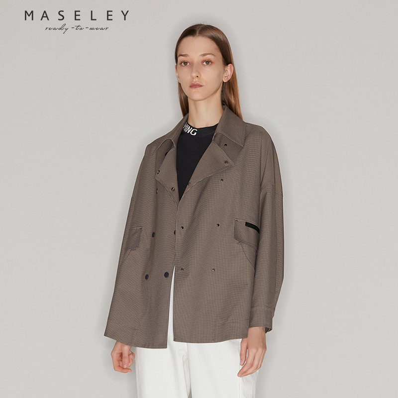 Maseley/玛塞莉通勤短风衣女秋季新款双排扣直筒休闲简约百搭外套