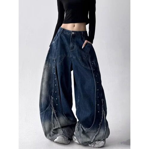 美式复古拼接女夏季宽松牛仔裤 Retro Patchwork Loose Jeans - 图1