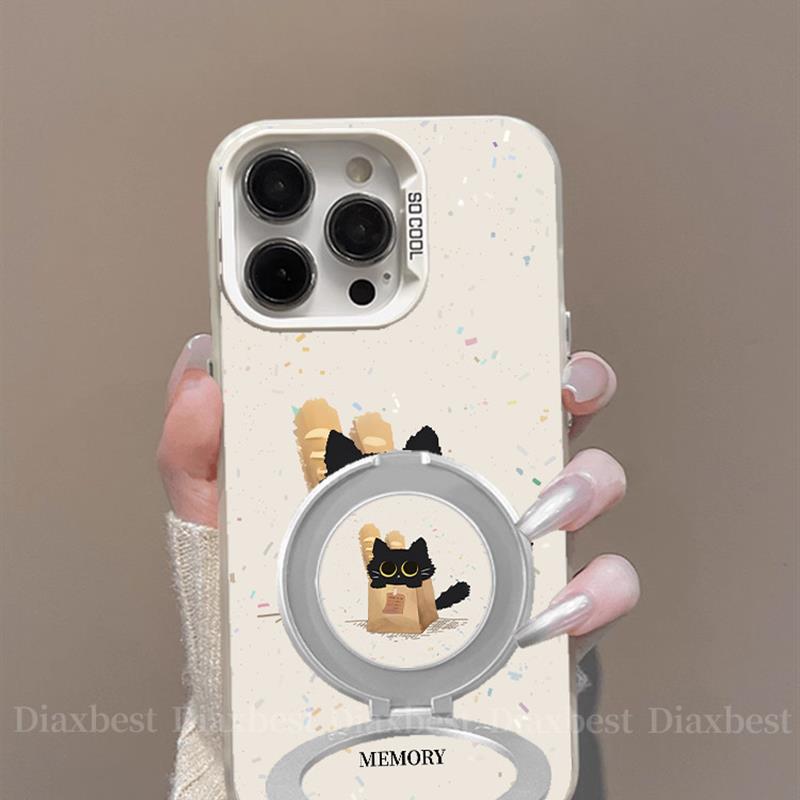 纸袋黑猫适用苹果17promax手机壳iPhone16Pro华为mate70荣耀400小米15新款nova14支架p80一+ace3彩银rn14磨砂 - 图1