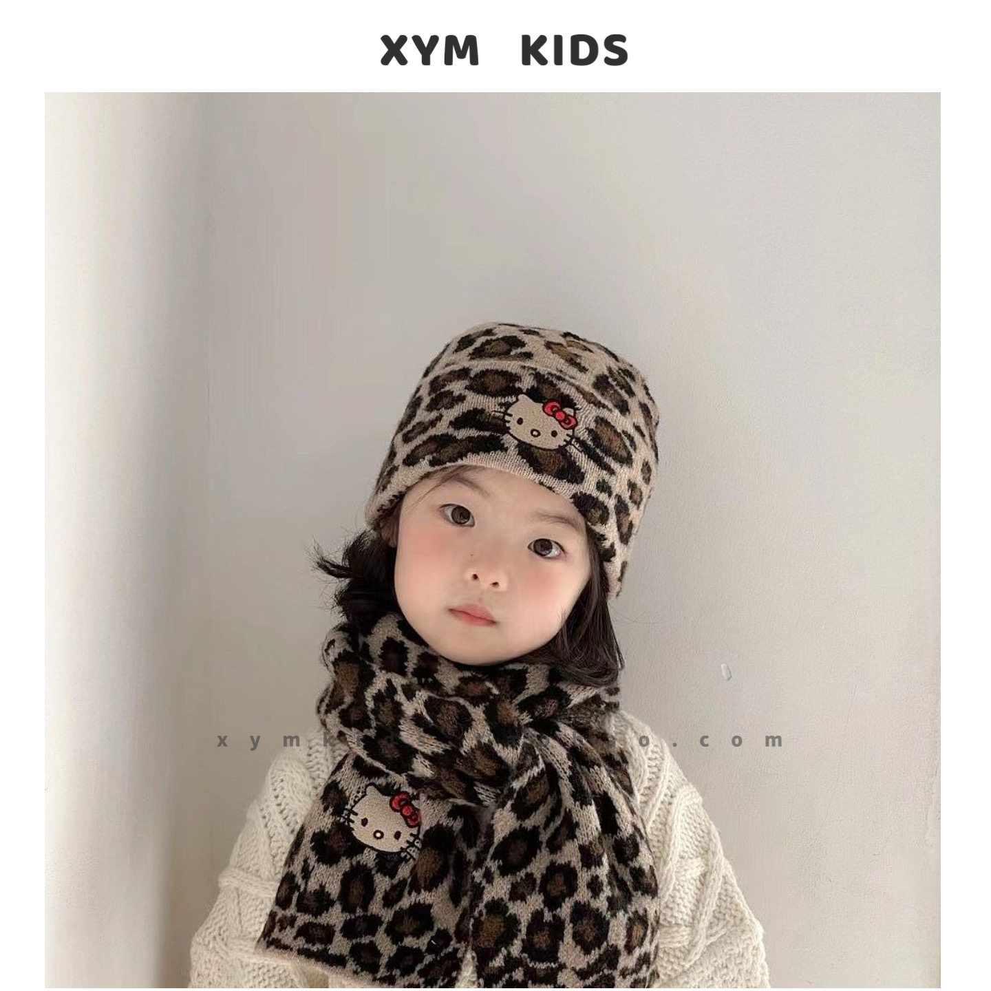 ins豹纹kitty儿童围巾帽子女童针织护耳套头帽时髦宝宝冬保暖套装,淘宝优惠券,粉丝福利购,淘宝优惠卷