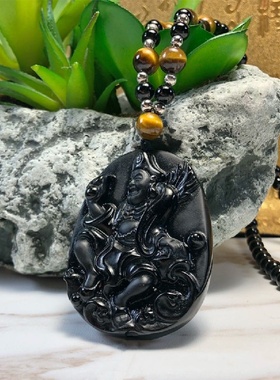 水晶道济法师吊坠全黑曜石济公挂坠罗汉男女通用项链黑曜石吊坠