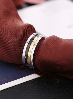 欧美钻石跨境时尚旋转罗马数字钛钢戒个性男士戒子食指wish指环