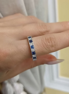 辉之翼珠宝新款s925银人造公主方切割仿蓝宝石锆石排指跨境款