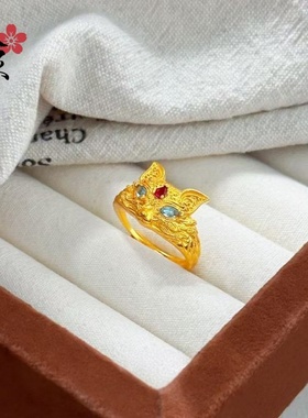 越南沙金优美幸运招财妲己九尾狐狐狸戒指吊坠项链新中式复古首饰