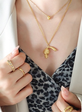 中国风新款ins个性兔子吊坠项链 本命生肖钛钢镀金双层镀金锁骨链