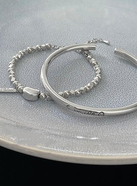 简约字母手镯女复古时尚叠戴碎银豆豆S925镀银手环手链百搭手饰