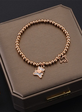 韩版时尚爱心可爱小熊贝壳手链女萌宠气质钛钢玫瑰金弹力珠子手环