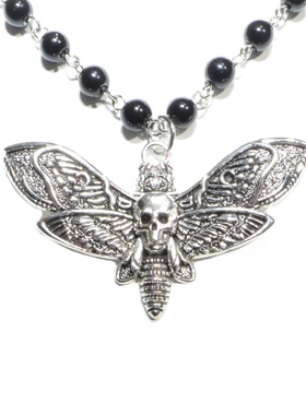 亚马逊eBay热销骷髅飞蛾黑色珍珠项链欧美流行饰品男士嘻哈项链
