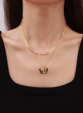 新款跨境设计感彩色树脂蝴蝶铜材质吊坠微镶锆石百搭小众个性项链