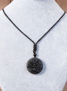 跨境黑曜石生命树吊坠水晶黑曜石护身符生命之树挂件水晶圆形玉坠