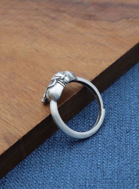 【招财吉象】纯银小象戒指S925银复古女吉祥大象动物开口指环礼物