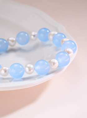 2025新款蓝玉髓手链女淡水珍珠气质清新新中式高级感仿海蓝宝手串