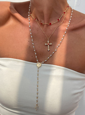 波西米亚水晶项链流苏颈链长款水晶链锁骨链毛衣链度假风小众饰品