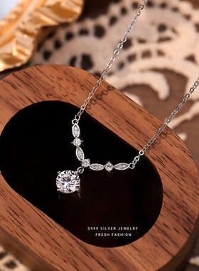 s999纯银闪耀锆石项链百搭高级感个性小众轻奢足银锁骨链颈链项饰