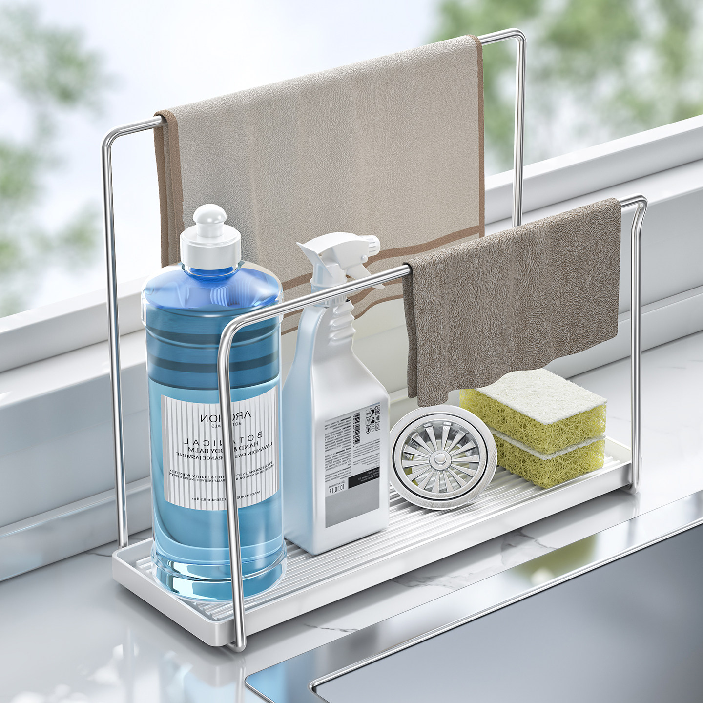 304不锈钢抹布架厨房台面沥水架带接水盘洗碗布挂杆水槽边置物架,淘宝优惠券,粉丝福利购,淘宝优惠卷