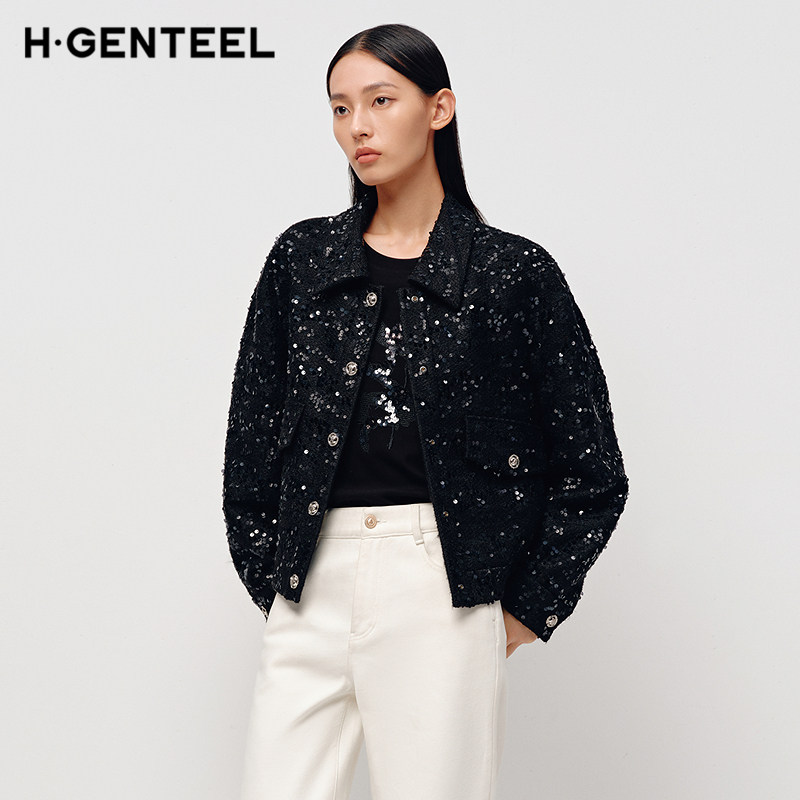 H·GENTEEL荷高25新款春装女香风花纱翻领装饰袋盖金属球型外套,淘宝优惠券,粉丝福利购,淘宝优惠卷