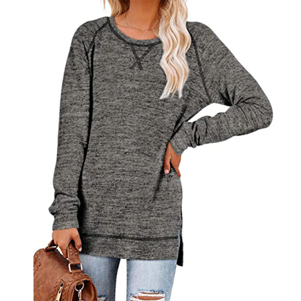 Solid Color Crossover Loose Crew Neck Pullover Side Slit Top - 图3