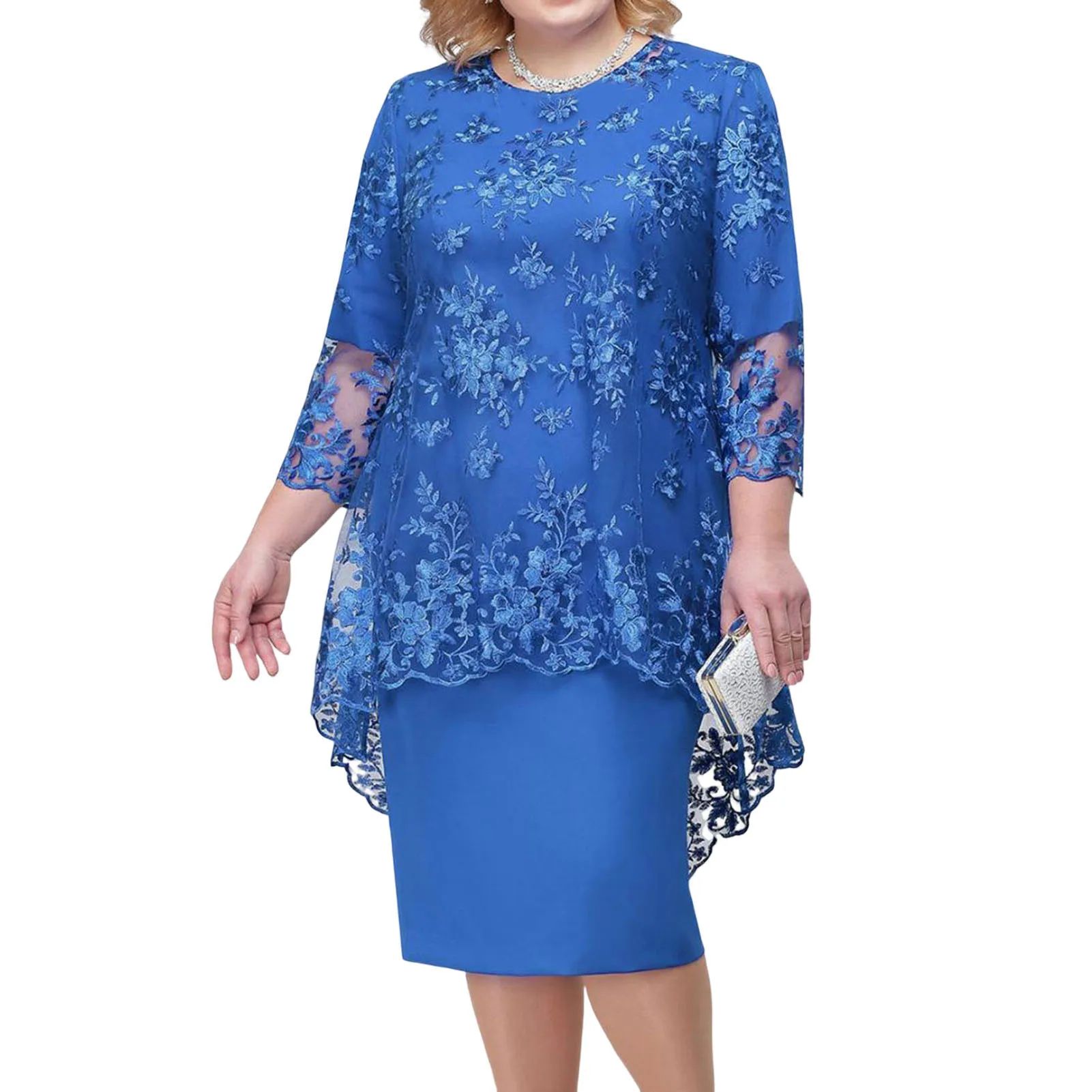 Women's Solid Round Neck Lace Edge Dress纯色圆领蕾丝边连衣裙 - 图2