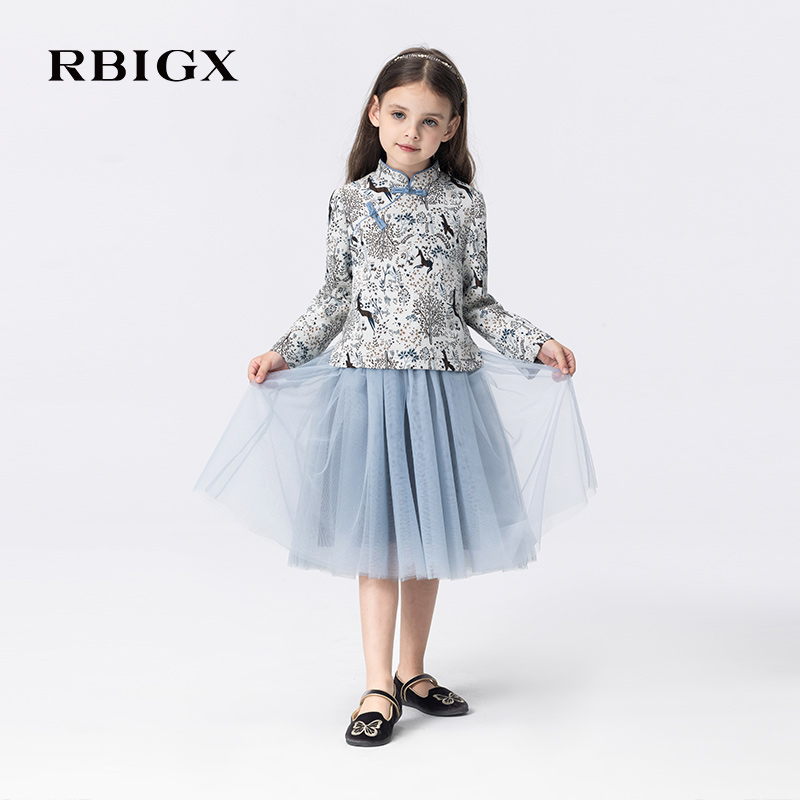 RBIGX瑞比克童装2025秋季新款女童轻盈网纱撞色中式假两件连衣裙 - 图0
