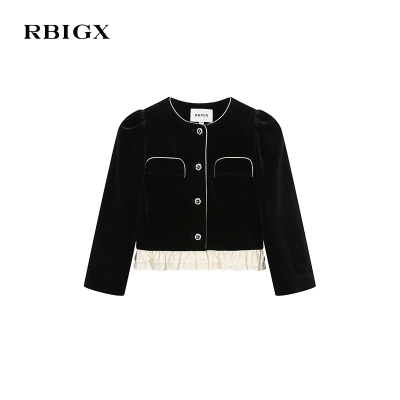 RBIGX瑞比克童装2025秋季新款丝绒撞色木耳边短款贵族优雅外套,淘宝优惠券,粉丝福利购,淘宝优惠卷