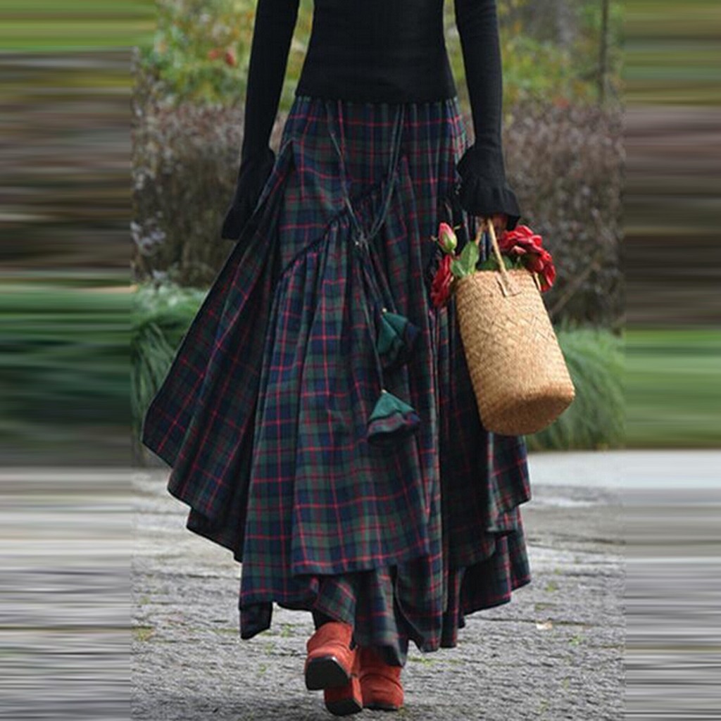 Plaid  stitching irregular long skirt 格纹拼接不规则半身长裙