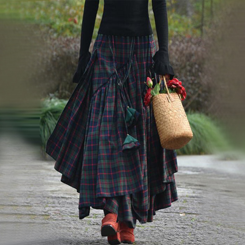 Plaid  stitching irregular long skirt 格纹拼接不规则半身长裙