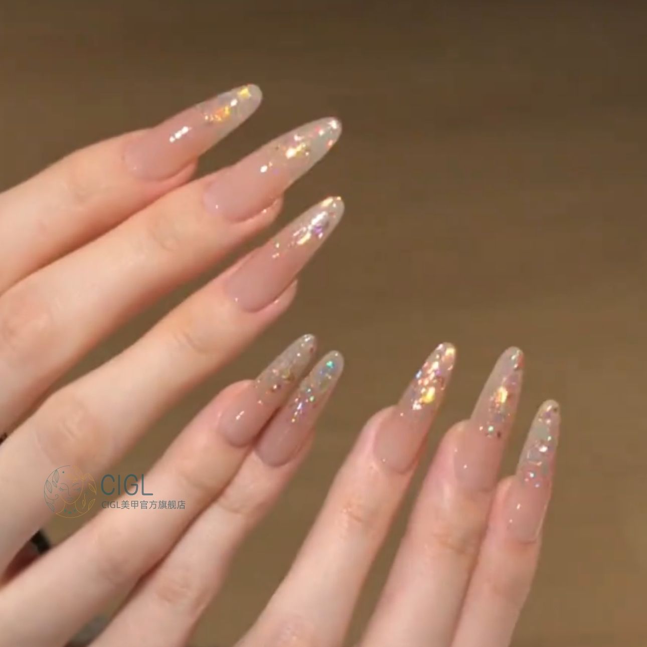 纯手工美甲穿戴甲高级感显白气质简约七彩亮片长款椭圆新宽春夏,淘宝优惠券,粉丝福利购,淘宝优惠卷