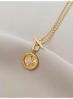 U锆石银镀金女金币项链轻奢设计