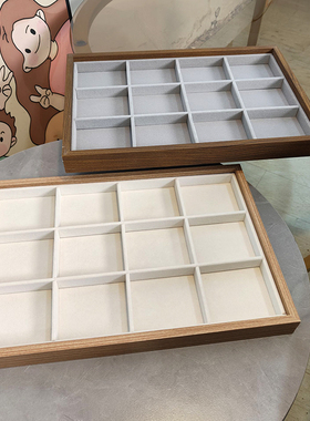 大号竹木纹桌面珠宝手链绒布首饰盘小吧唧摆放盘耳环饰品纪念币盘