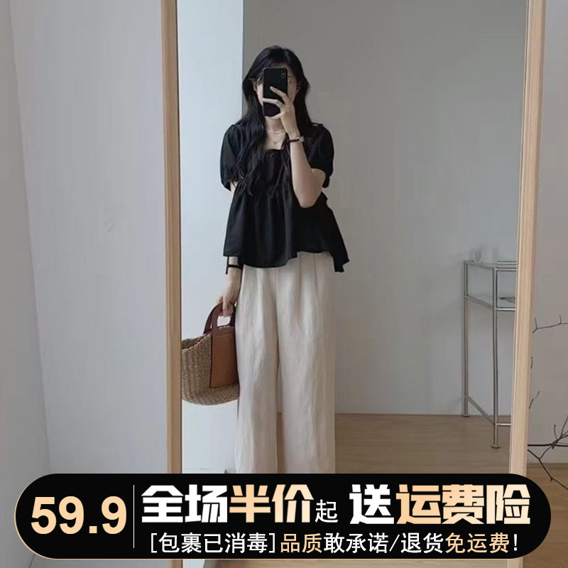 爱打扮(www.idaban.cn)，小众设计感女士衬衫夏短袖高级感别致绝美法式泡泡袖黑色方领上衣