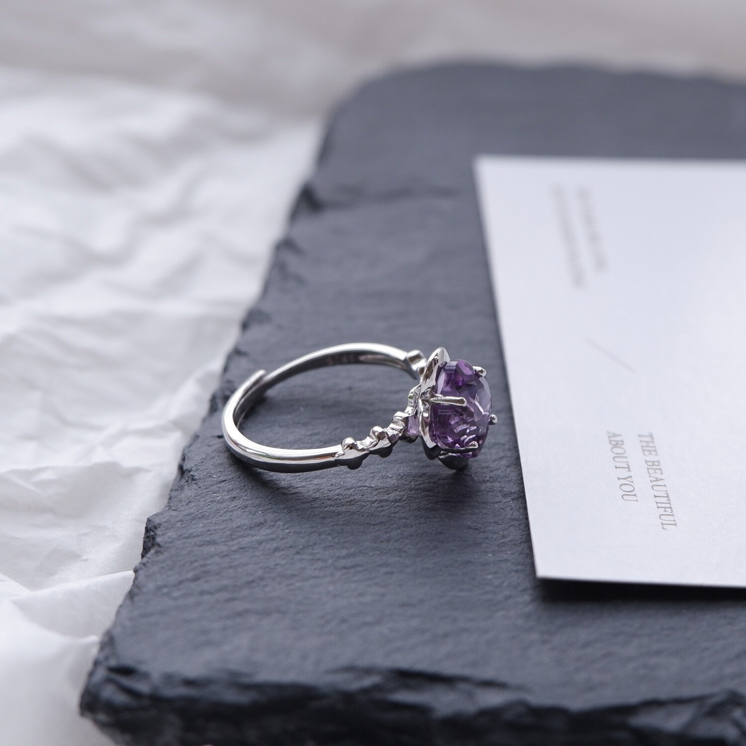Four-leaf clover sterling silver amethyst ring light luxury index finger ring