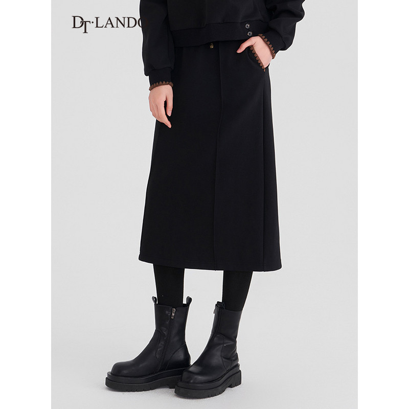 DTLANDO半身裙春季女休闲抽绳设计感直筒黑色H型卫裙半裙