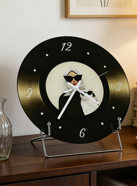 中古风黑胶唱片时钟桌面摆件高级感小众客厅玄关电视柜台面装饰品