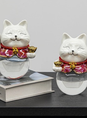 创意珐琅彩水晶招财猫办公室桌面前台小摆件公司乔迁开业礼物摆件