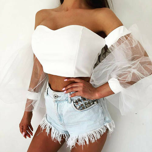 Off Shoulder Bubble Sleeve Ladies V Neck Tops Tube Crop Top - 图2