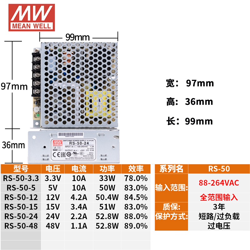 明纬RS-50-24/5V12V15V48V3.3V开关电源15W25W35W50直流NES/S稳压 - 图3