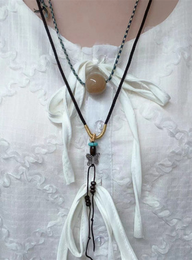 蝴蝶松石吊坠新中式项链女民族风编织绳长款锁骨链小众设计感配饰