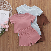 2Pcs Fashion New Toddler Summer Suit Solid Color Ribbed O-Ne
