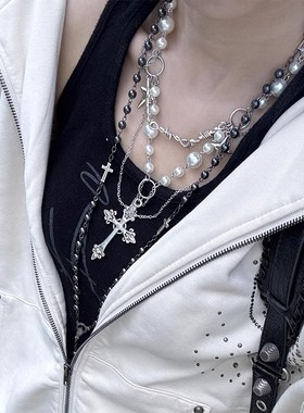 哥特风叠戴十字架项链珍珠流苏choker颈链朋克锁骨配饰多层毛衣链