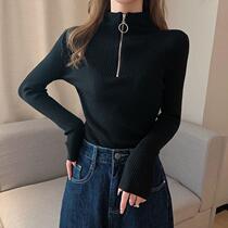 2023 Autumn Dress New Lady Long Sleeve Blouse Inner Lap Knit Undershirt Winter Half High Collar Zipped Ocean Fur Coat