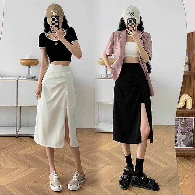 Pleated zipper slit skirt for women summer high-waisted irregular A-line skirt for small people Korean style versatile mid-length skirt
