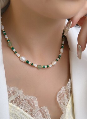 天然珍珠项链 孔雀石头绿色串珠锁骨链女配饰 轻奢小众新款颈链潮