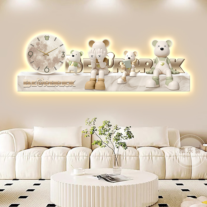 奶油风客厅装饰画钟表暴力熊沙发背景墙挂画高级感卧室床头壁灯画 - 图2