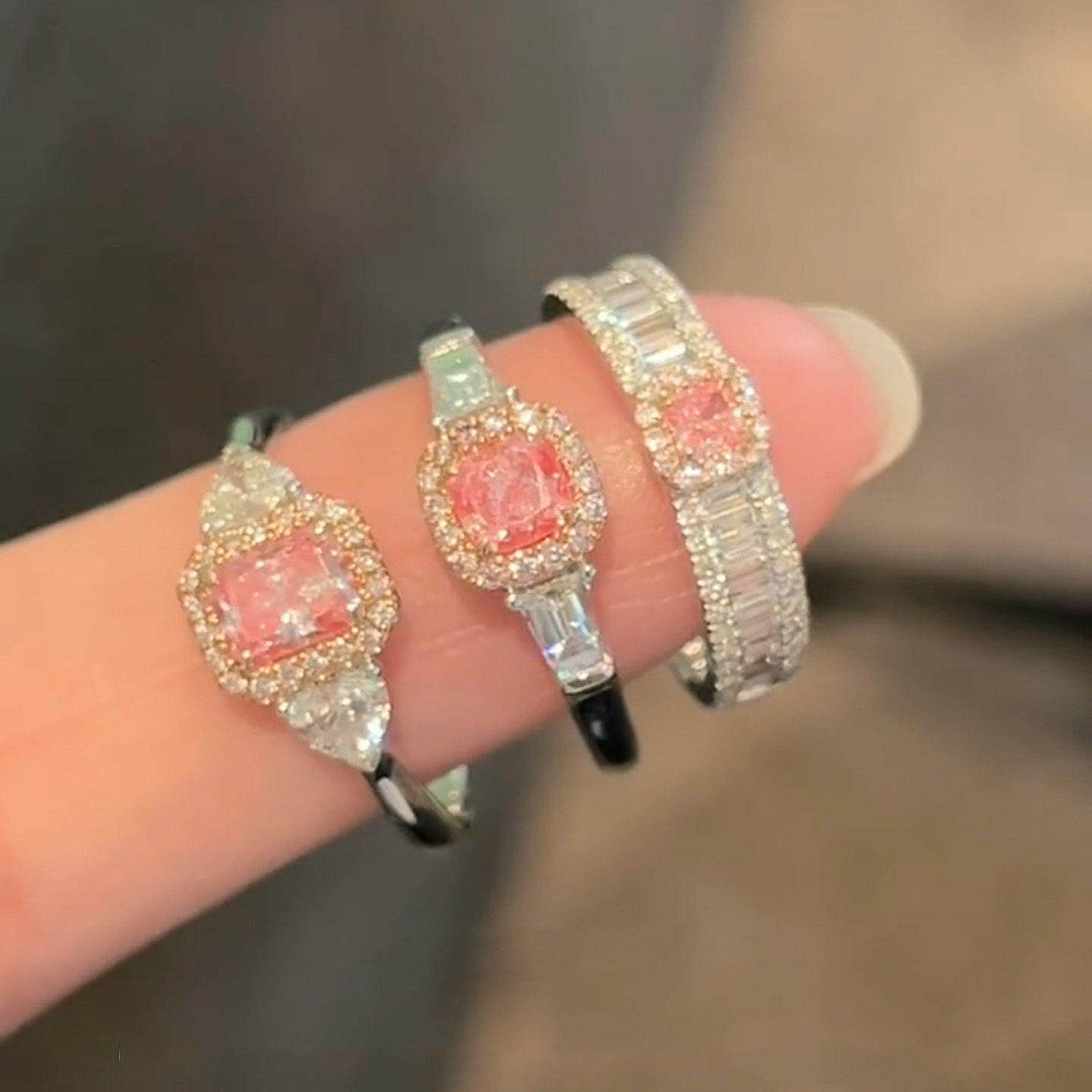 S925 sterling silver peach pink water drop diamond ring for women