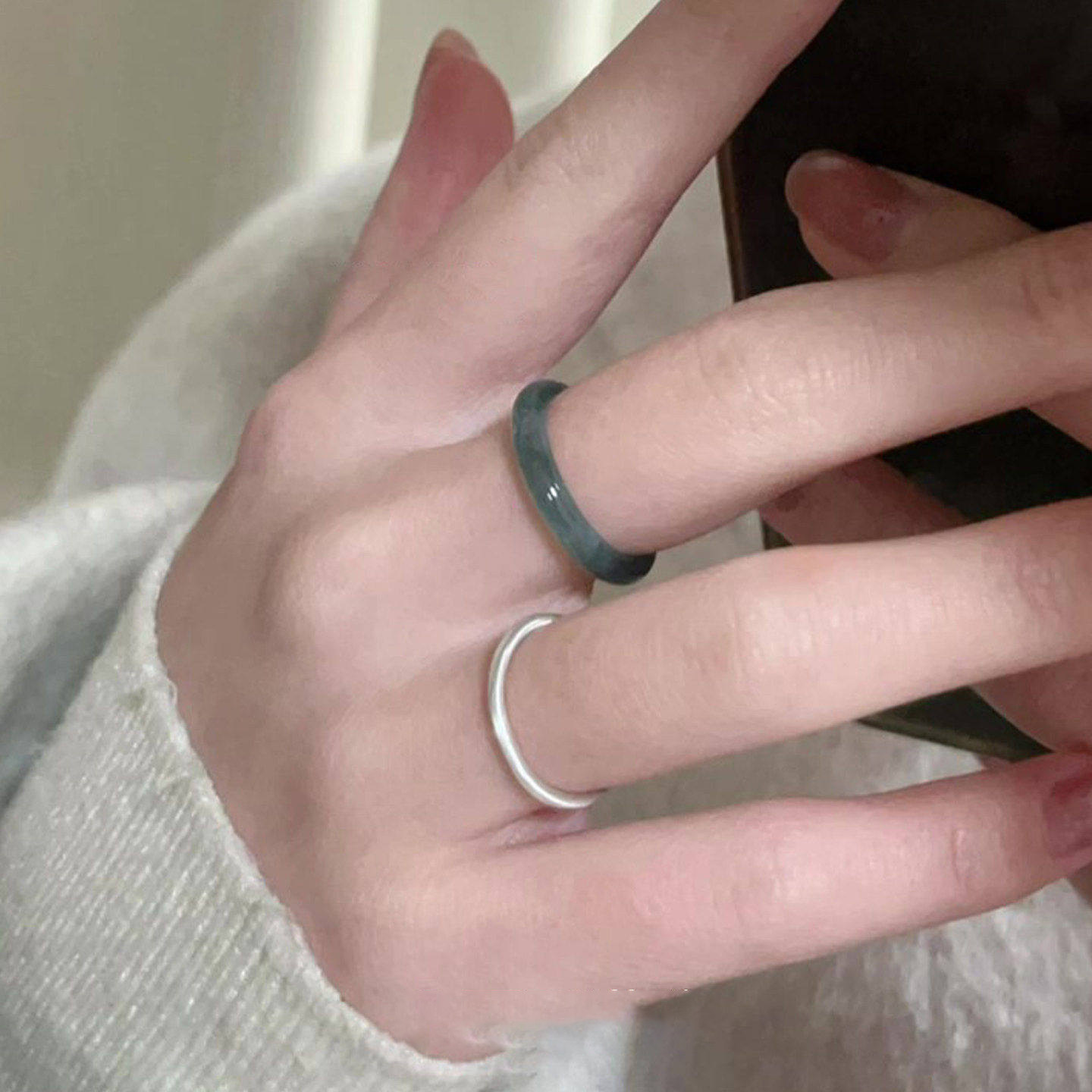 S925 sterling silver cool style imitation jade ring ring for women