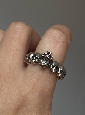 s925纯银pink粉心脏骷颅头银戒指