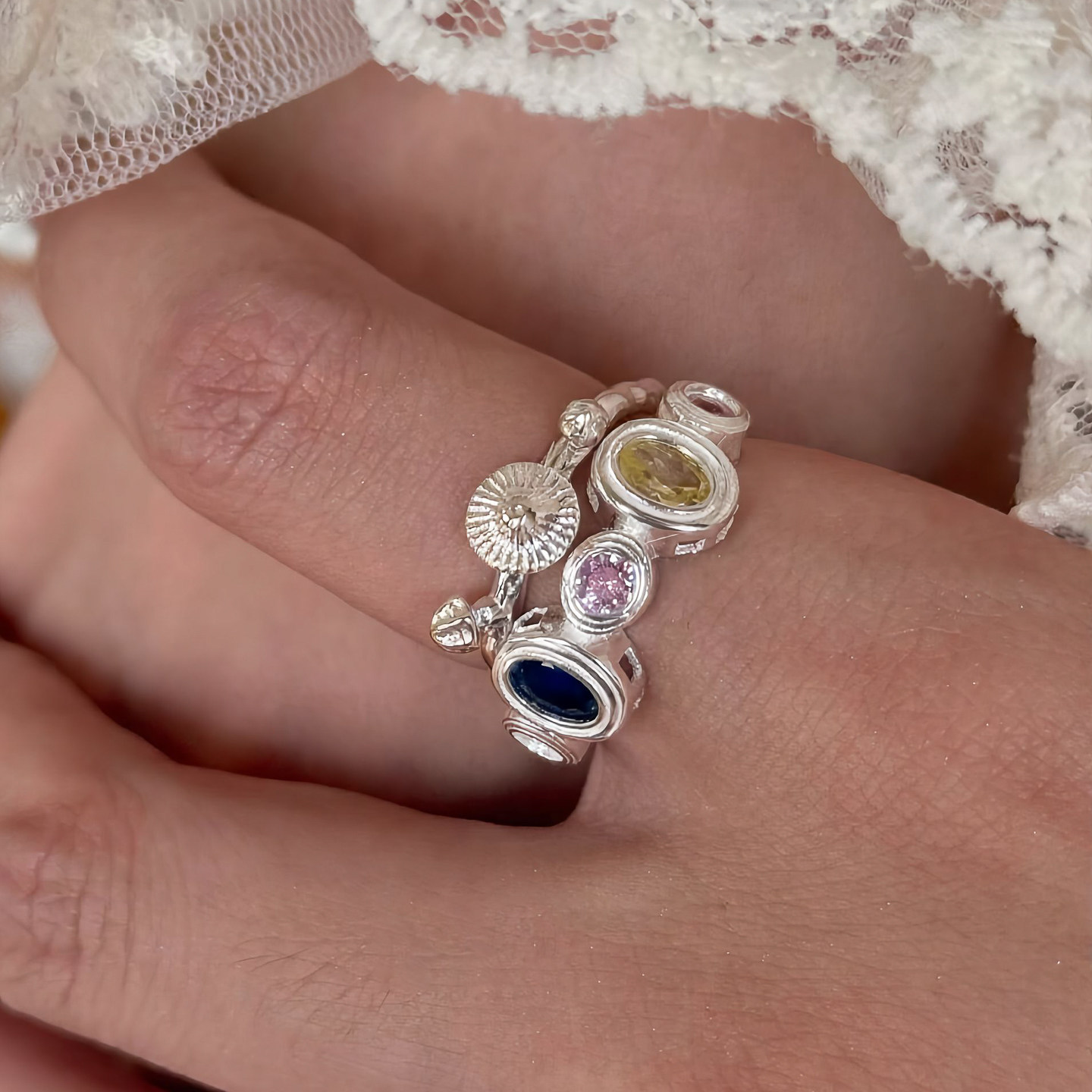 Korean style ins silver ring for women small colorful mushroom oval