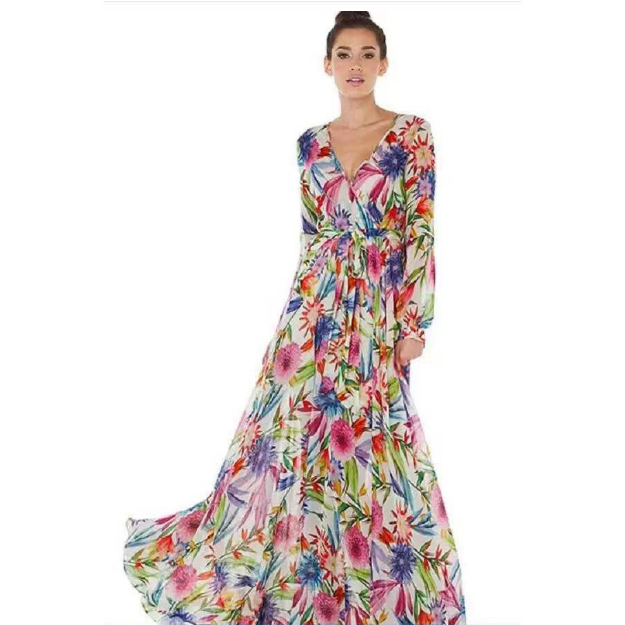 New Printed Lantern Sleeve Deep V-Neck Green Leaf Long Dress - 图3