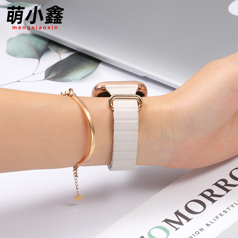 适用于apple watch Ultra9星光色磁吸表带女苹果手表S7/8真皮iwatch6/5/4/3代SE小蛮腰细款41/45/42/44mm皮质-图1