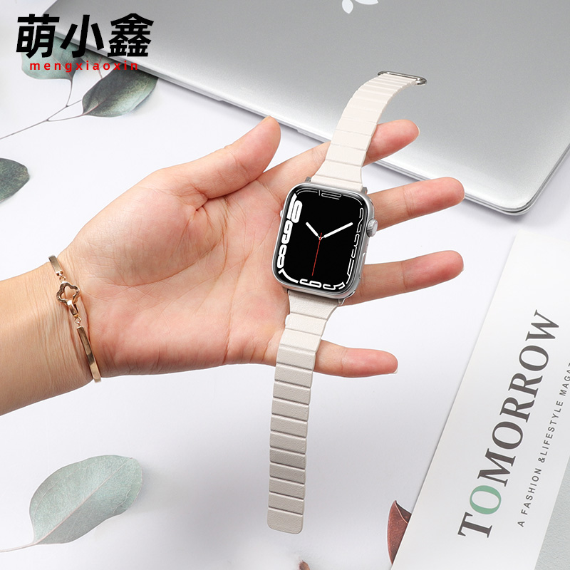 适用于apple watch Ultra9星光色磁吸表带女苹果手表S7/8真皮iwatch6/5/4/3代SE小蛮腰细款41/45/42/44mm皮质-图2